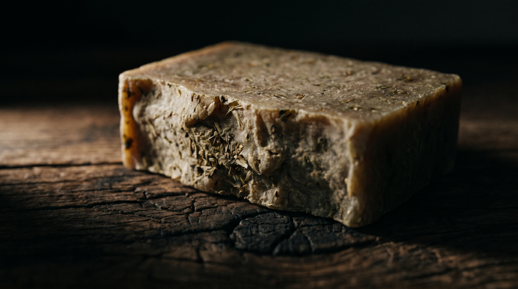 Handcrafted tallow soap bar on dark aged oak wood with dramatic side lighting