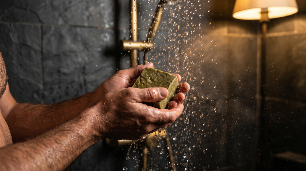 Mans hands holding tallow soap bar under shower water — best soap for men with dry skin