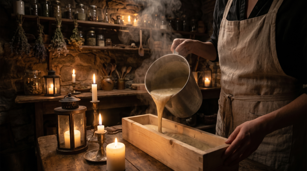 Artisan soap maker pouring cold process soap batter into wooden mold in rustic workshop
