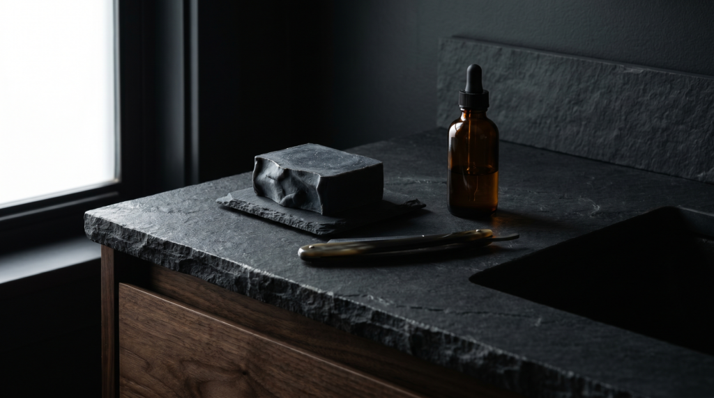 Dark masculine bathroom counter with handcrafted soap bar straight razor and glass bottle