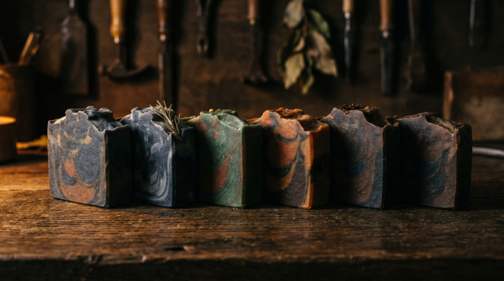 Six Pine Forge handcrafted tallow soap bars lined up on dark aged oak wood