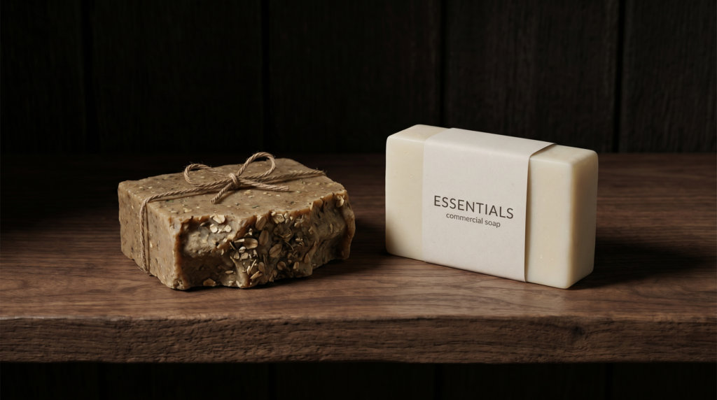 Handcrafted tallow soap bar next to commercial soap bar showing the real difference