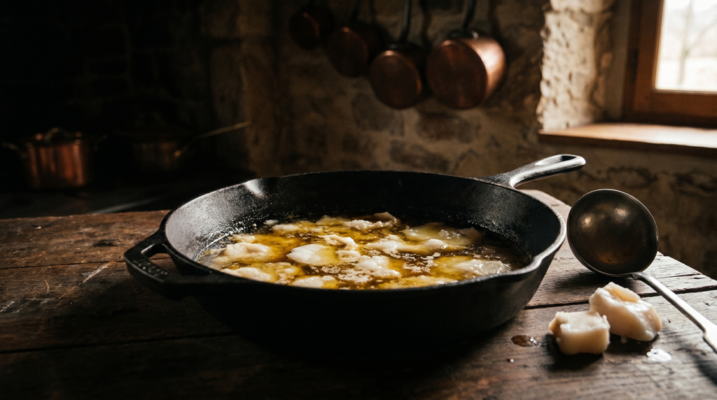 Raw rendered beef tallow in cast iron skillet on dark rustic wooden table